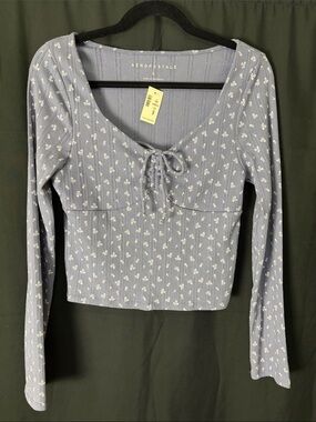 Aeropostale Light Blue Floral Tie-Front Ribbed Crop Top